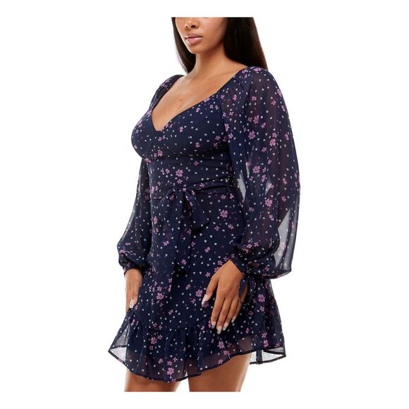 NWT B DARLIN Womens Navy Tie Asymmetrical-hem Sleeve Short Dress 9\10 - Picture 3 of 5